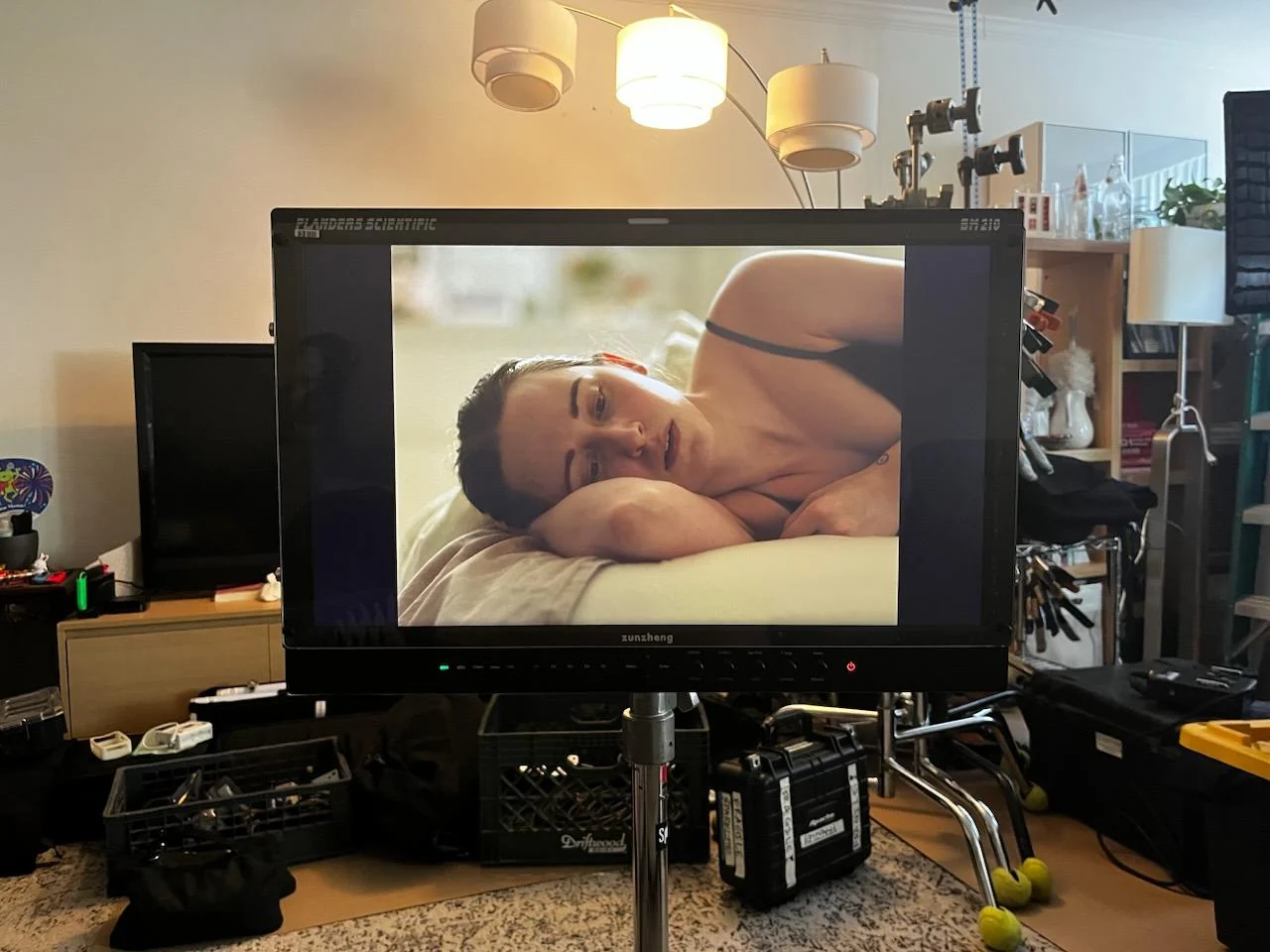 Behind-the-scenes monitor view from a short-film set