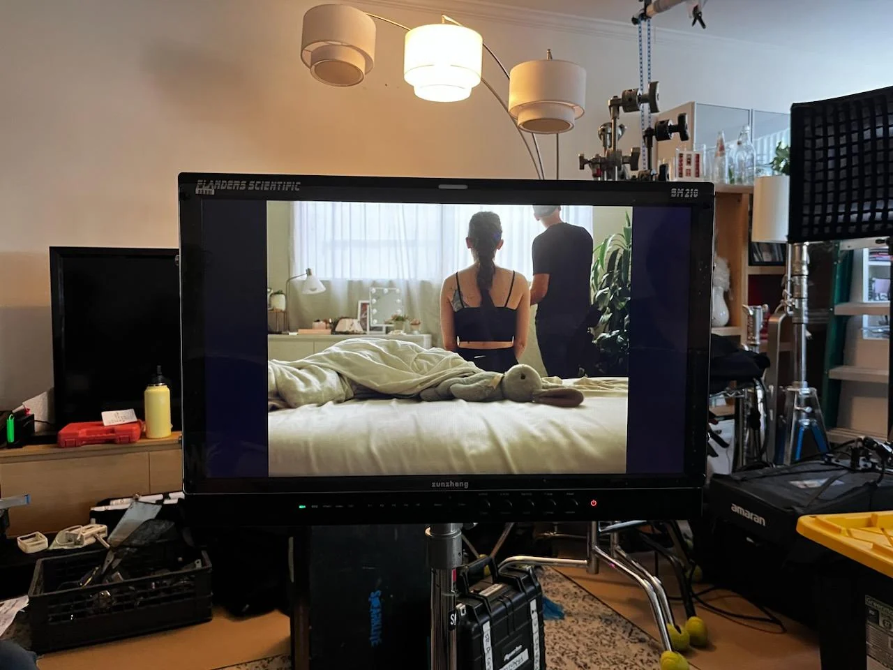 Behind-the-scenes monitor view from a short-film set